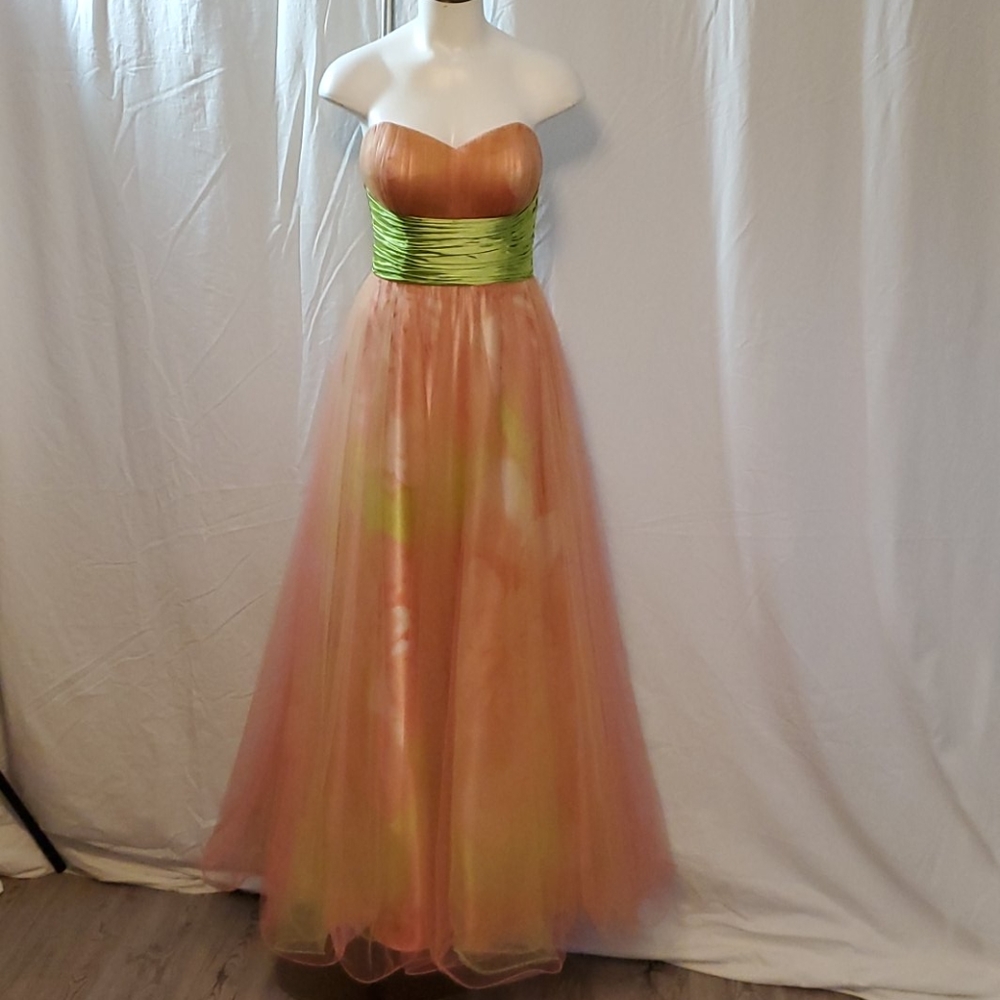 Pink By Alexia Designs Strapless Peach and Lime Green Ball Gown